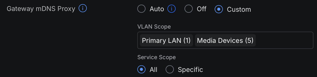 Screenshot: UniFi Network settings page showing the Multicast DNS / mDNS toggle enabled